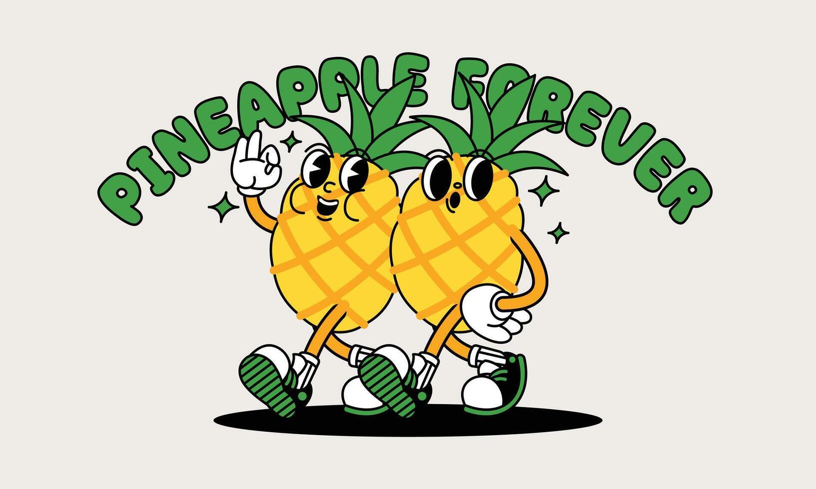 Ananas retro Maskottchen mit Hand und Fuß. Obst retro Karikatur Aufkleber mit komisch Comic Zeichen und behandschuhte Hände. vektor