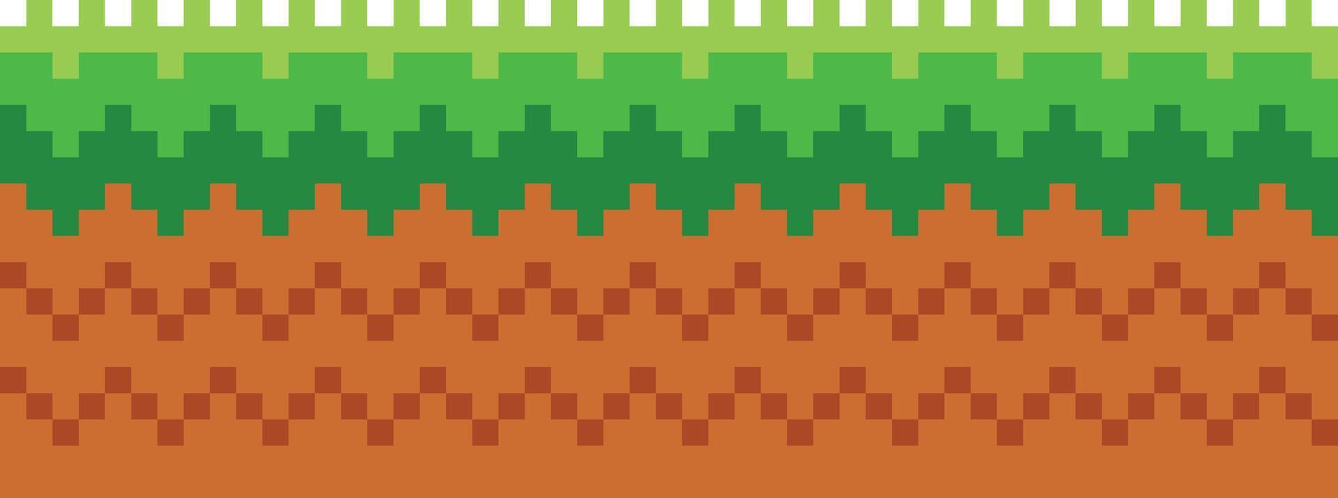 Pixel Kunst Spiel Szene mit Boden, Gras, Bäume, Himmel, Wolken, Charakter, Münzen, Schatz Truhen und 8 Bit Herz vektor