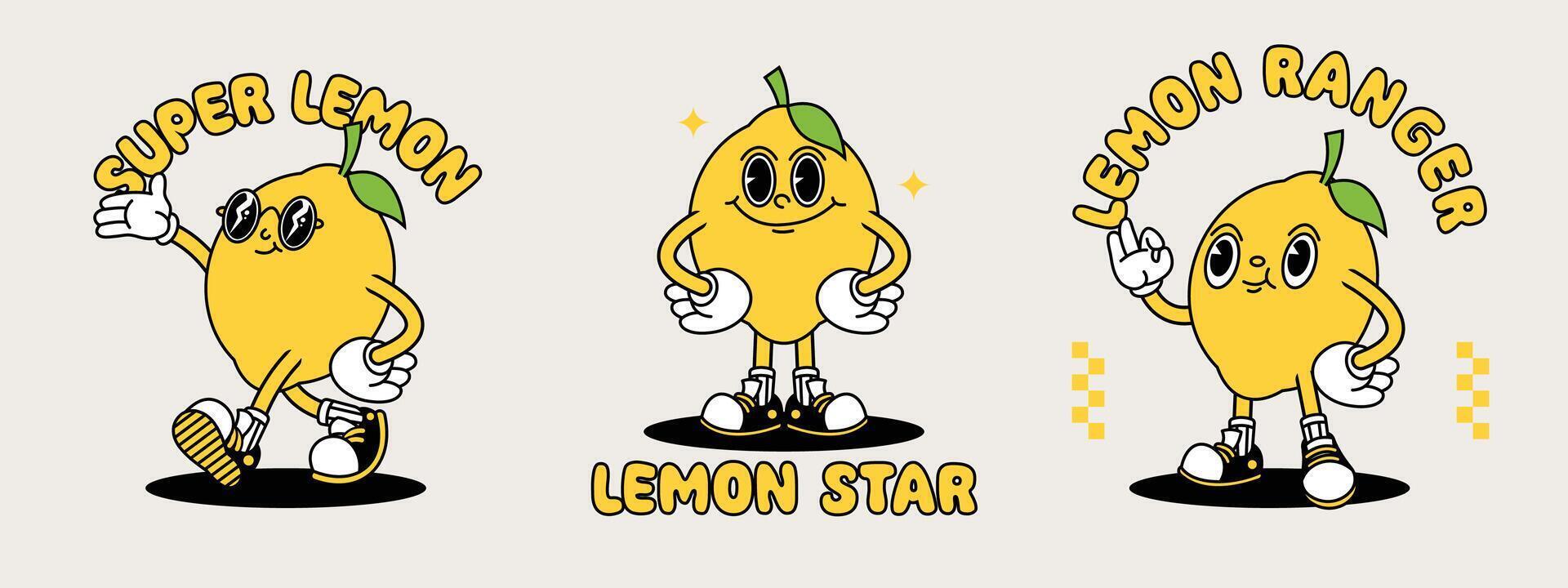 citron- retro maskot med hand och fot. frukt retro tecknad serie klistermärken med rolig komisk tecken och handskar händer. vektor