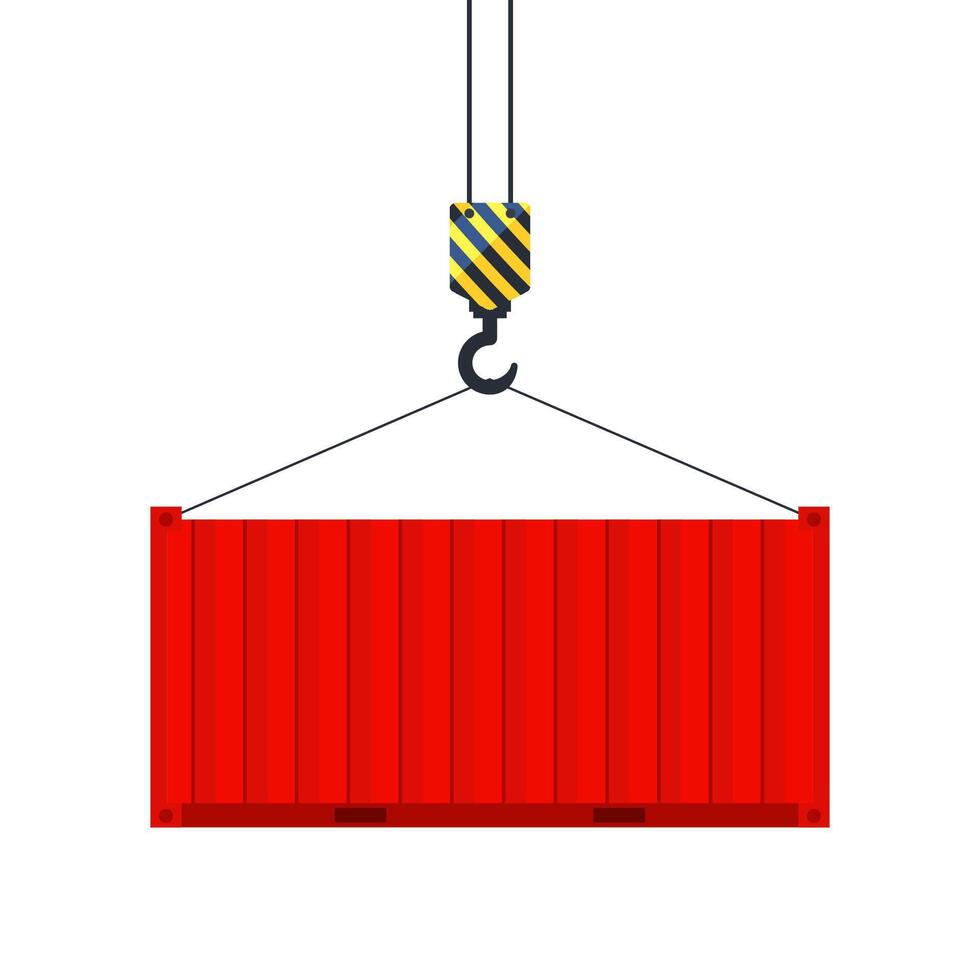 Ladung Container hängend auf ein Kran Haken. Hafen Kran. weltweit Lieferung. Vektor Illustration