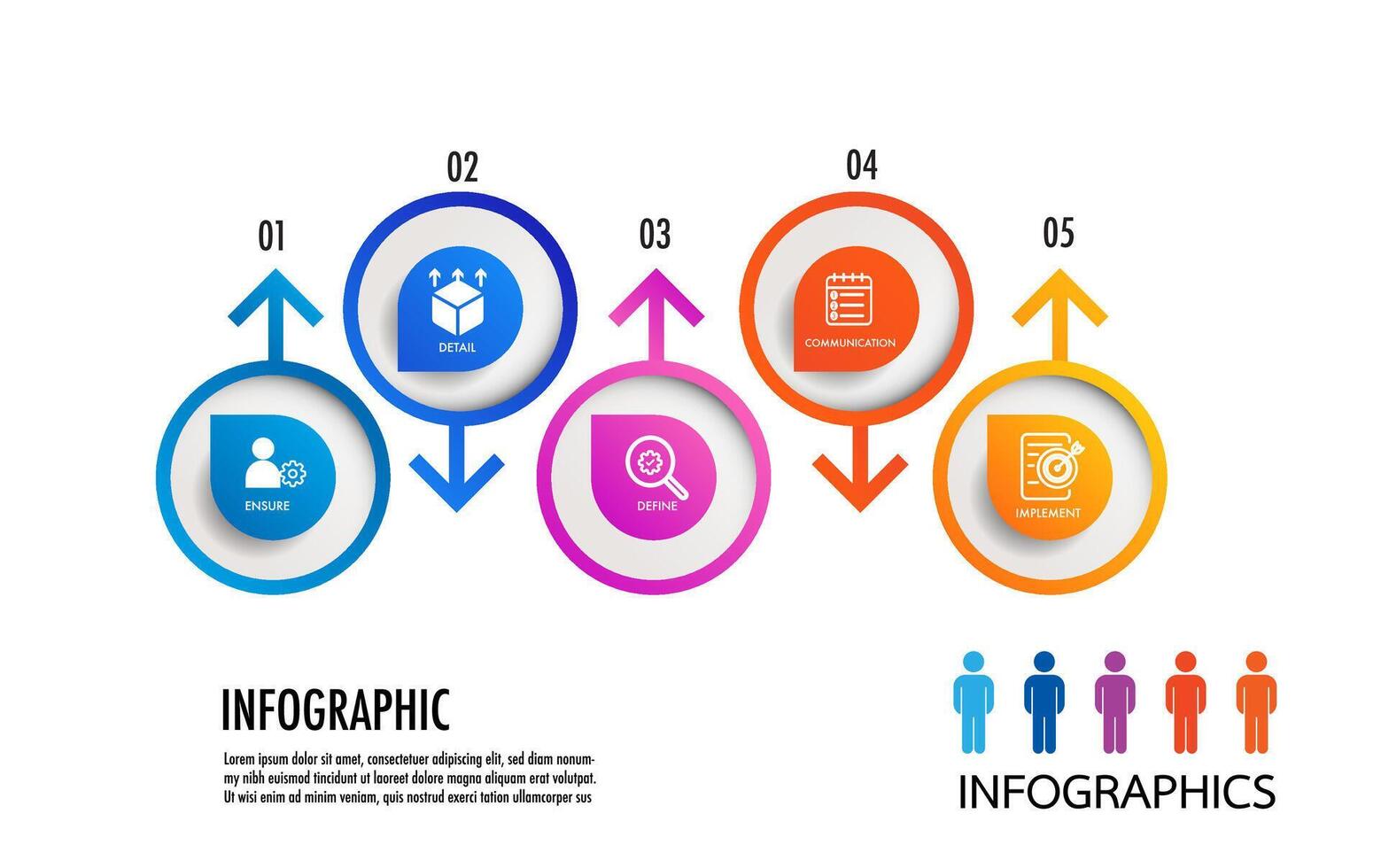 Infografik Vorlage 5 Bar Graph zum Geschäft Richtung, Marketing Strategie, Diagramm, Daten, Glanz, vektor