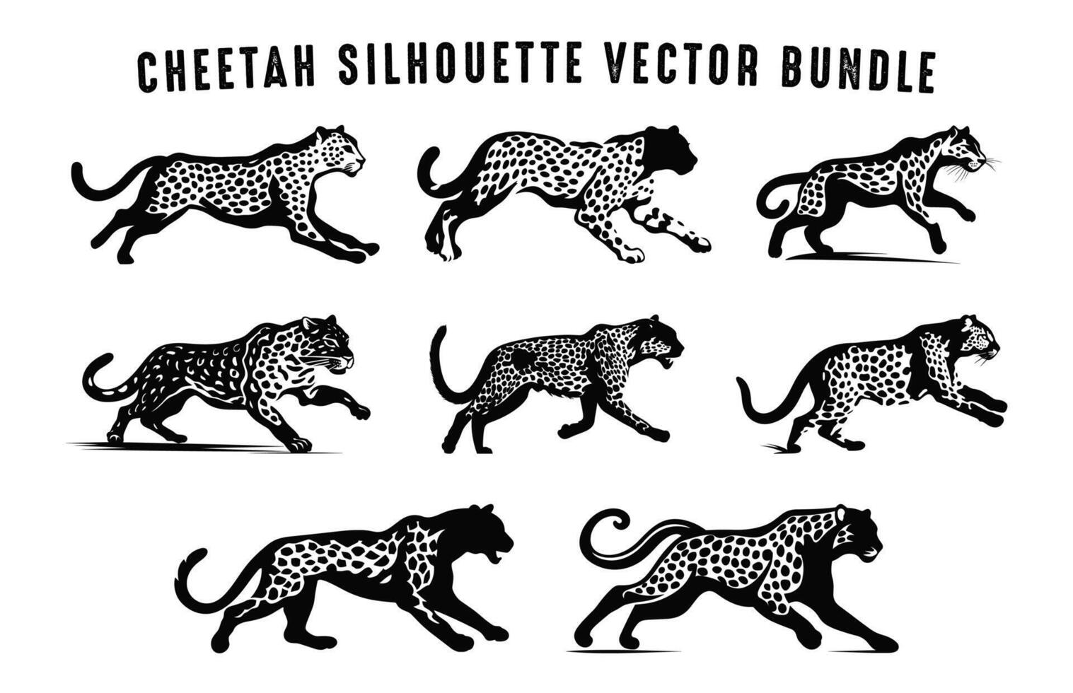 gepard vektor silhuett svart och vit uppsättning, löpning gepard silhuetter bunt, vildkatter ClipArt samling