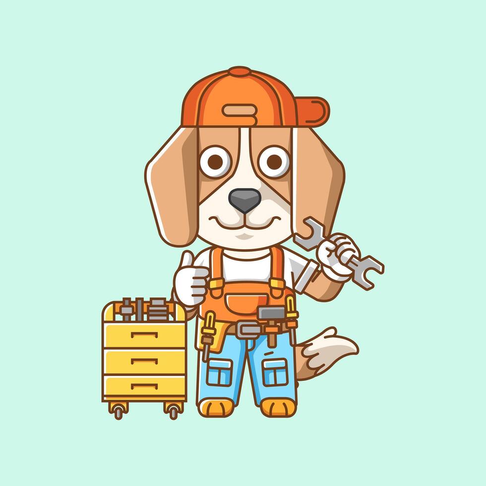 söt hund mekaniker med verktyg på verkstad tecknad serie djur- karaktär maskot ikon platt stil illustration begrepp vektor