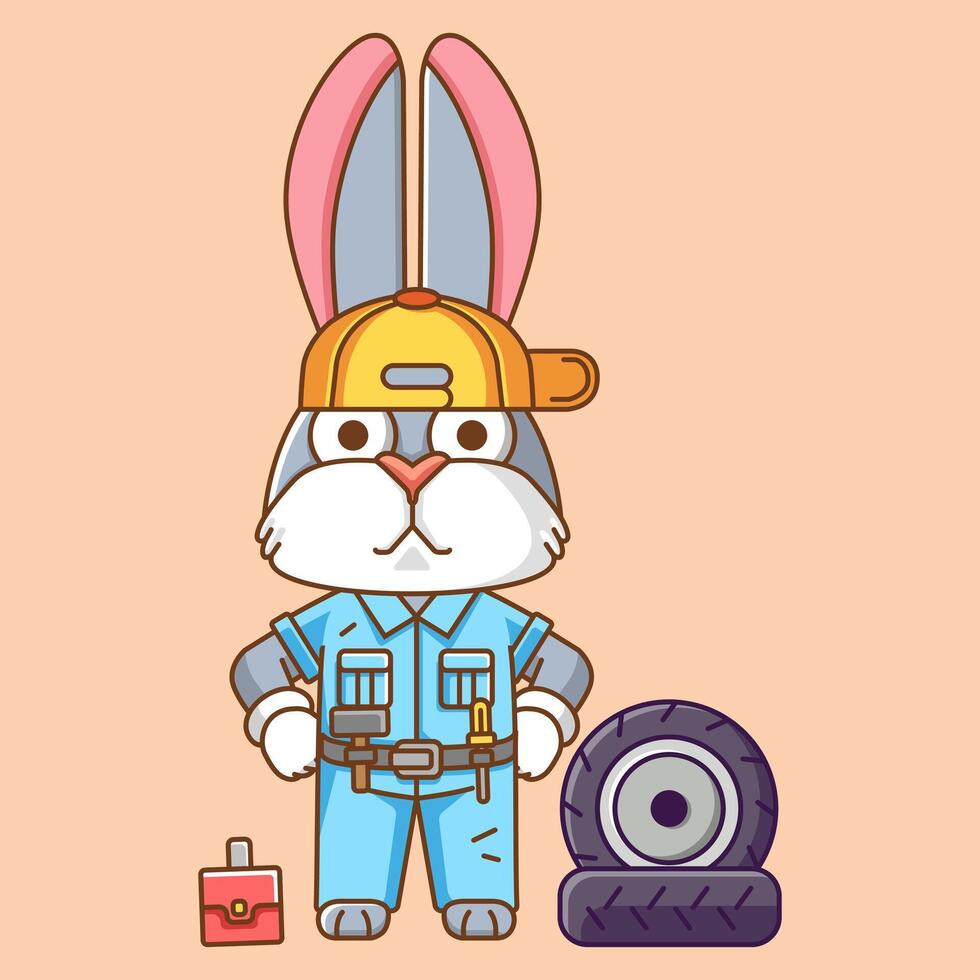 söt kanin mekaniker med verktyg på verkstad tecknad serie djur- karaktär maskot ikon platt stil illustration begrepp vektor