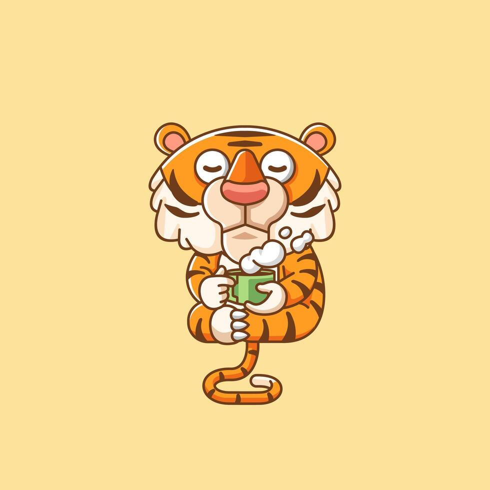 söt tiger koppla av med en kopp av kaffe tecknad serie djur- karaktär maskot ikon platt stil illustration begrepp vektor