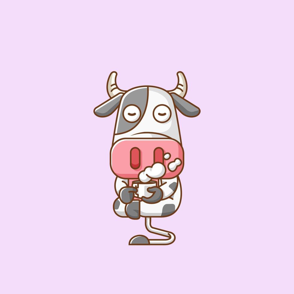 süß Kuh entspannen mit ein Tasse von Kaffee Karikatur Tier Charakter Maskottchen Symbol eben Stil Illustration Konzept vektor