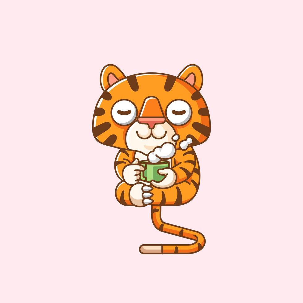 süß Tiger entspannen mit ein Tasse von Kaffee Karikatur Tier Charakter Maskottchen Symbol eben Stil Illustration Konzept vektor