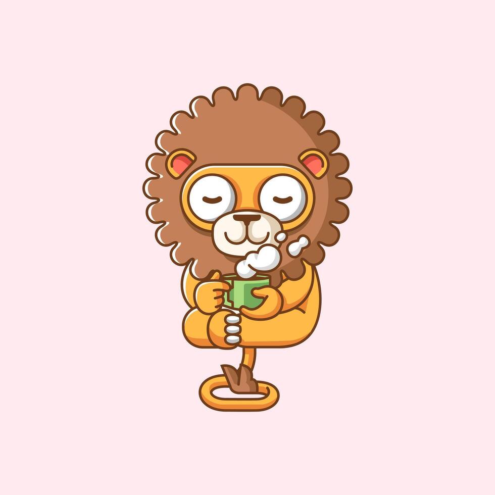 süß Löwe entspannen mit ein Tasse von Kaffee Karikatur Tier Charakter Maskottchen Symbol eben Stil Illustration Konzept vektor