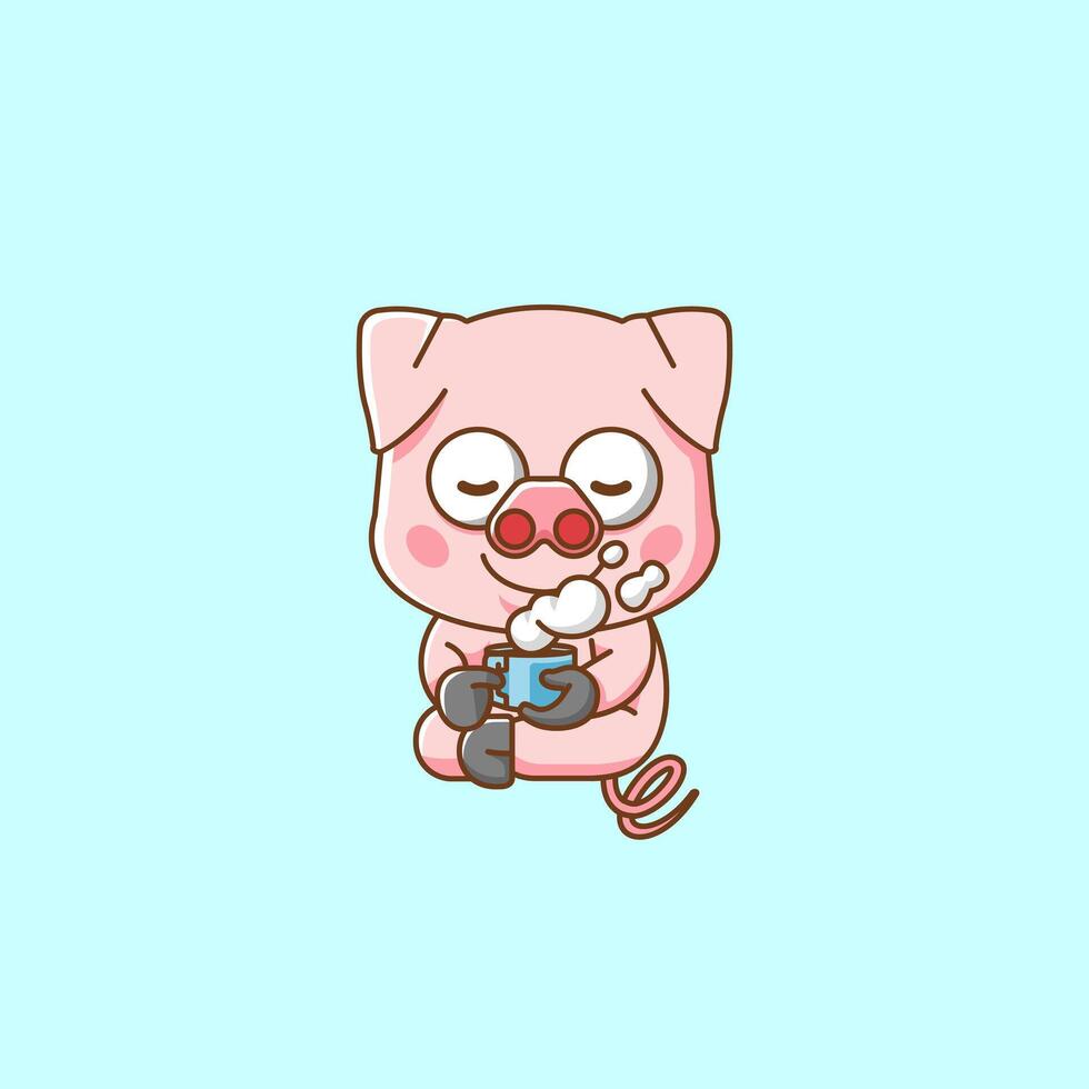 süß Schwein entspannen mit ein Tasse von Kaffee Karikatur Tier Charakter Maskottchen Symbol eben Stil Illustration Konzept vektor