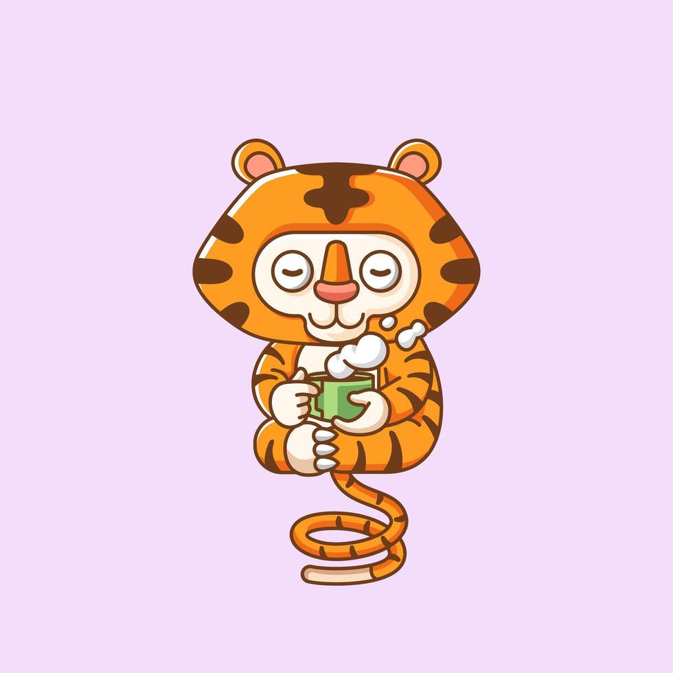 süß Tiger entspannen mit ein Tasse von Kaffee Karikatur Tier Charakter Maskottchen Symbol eben Stil Illustration Konzept vektor