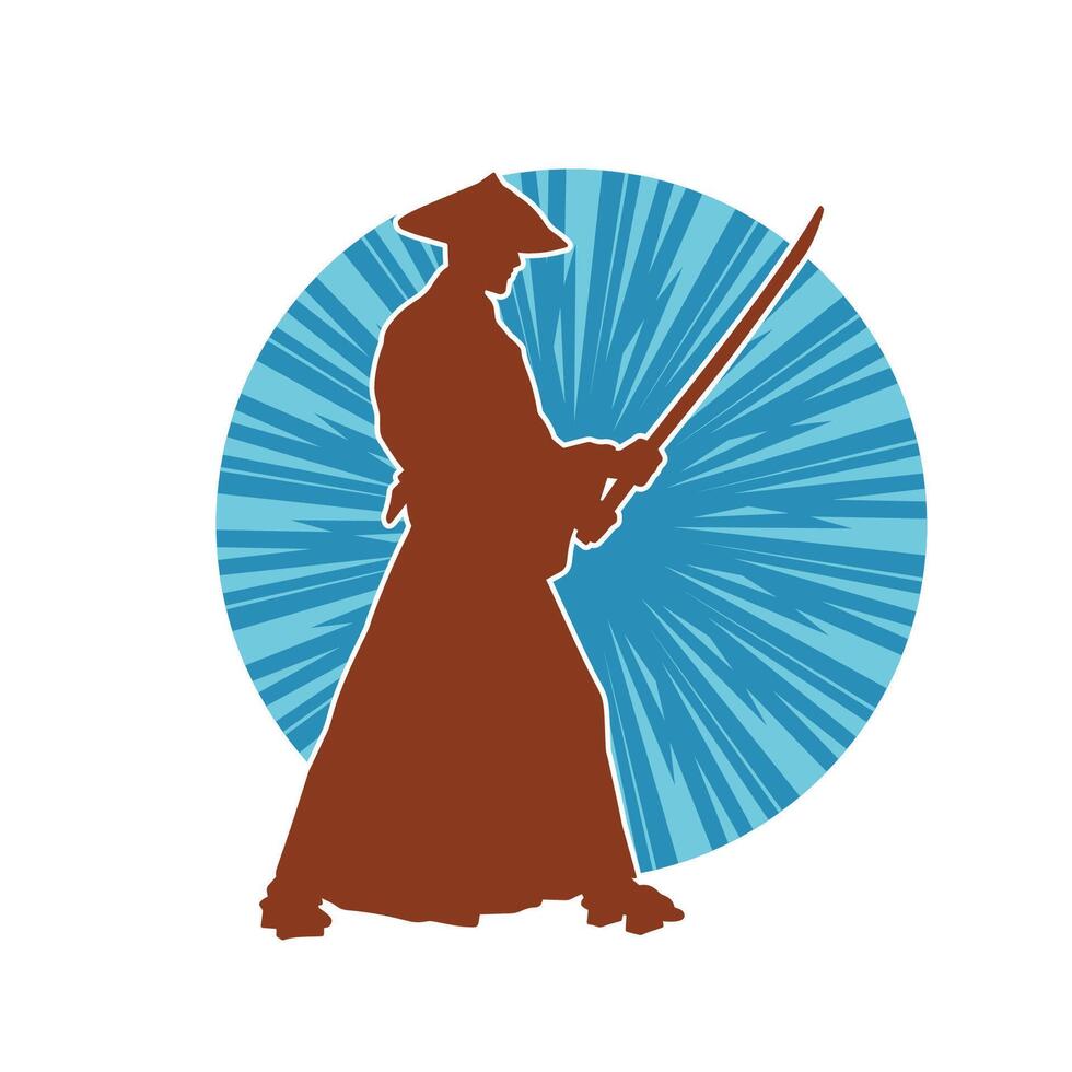 silhuett av en manlig kämpe i krigisk konst kostym bärande katana svärd vapen. vektor