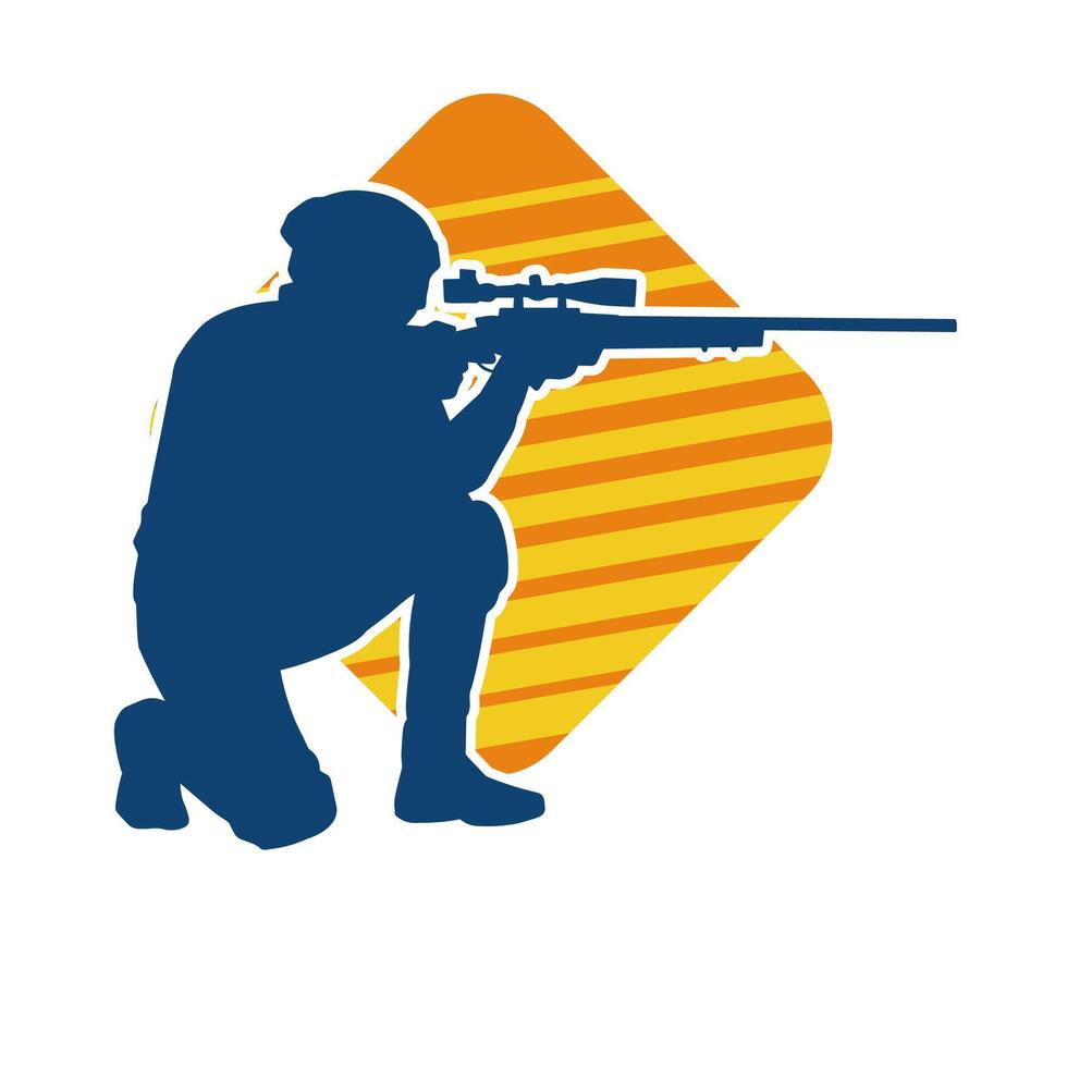 Silhouette von ein männlich Soldat Tragen Maschine Gewehr Waffe. Silhouette von ein Scharfschütze Schütze im Aktion. vektor