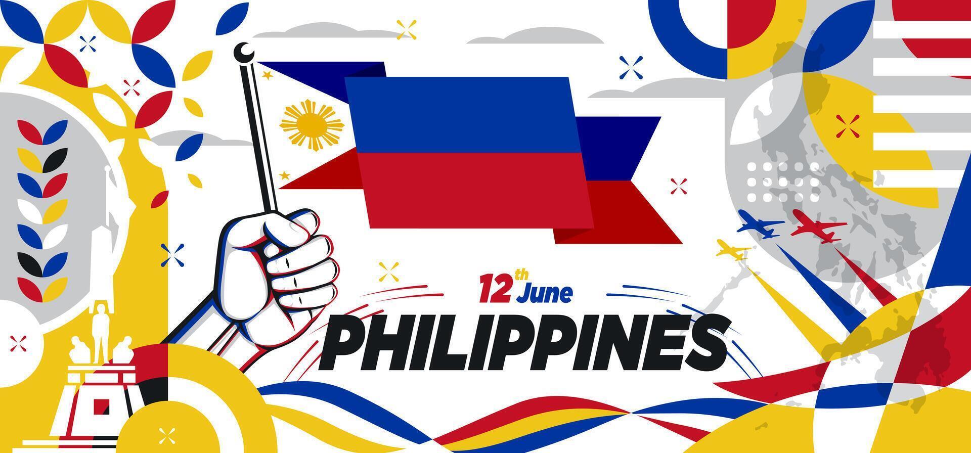 filippinerna nationell dag baner design. oberoende dag design för filippinerna. filippinare flagga och Karta tema bakgrund. modern abstrakt geometrisk retro former illustration vektor