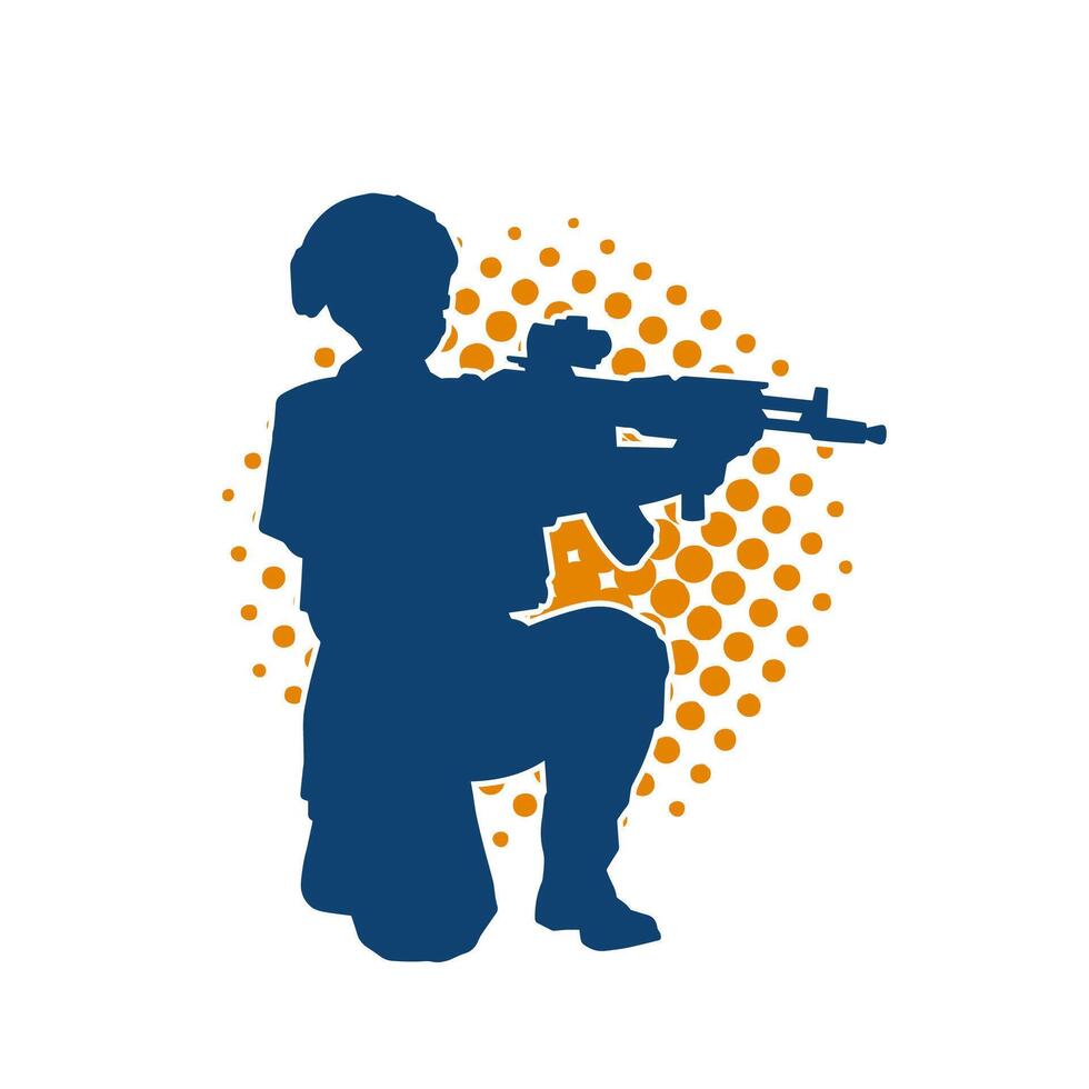 Silhouette von ein männlich Soldat Tragen Maschine Gewehr Waffe. vektor