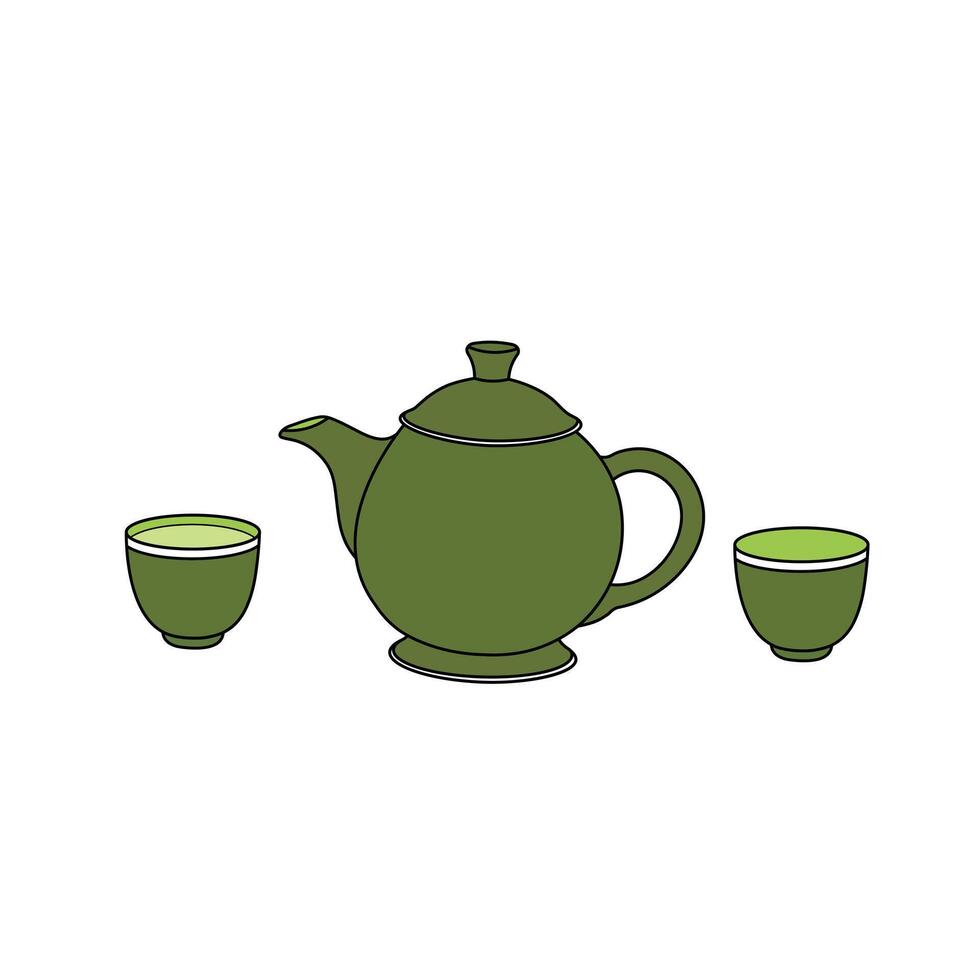Kinder Zeichnung Karikatur Vektor Illustration Tee Topf mit Tee Tasse Symbol isoliert auf Weiß Hintergrund