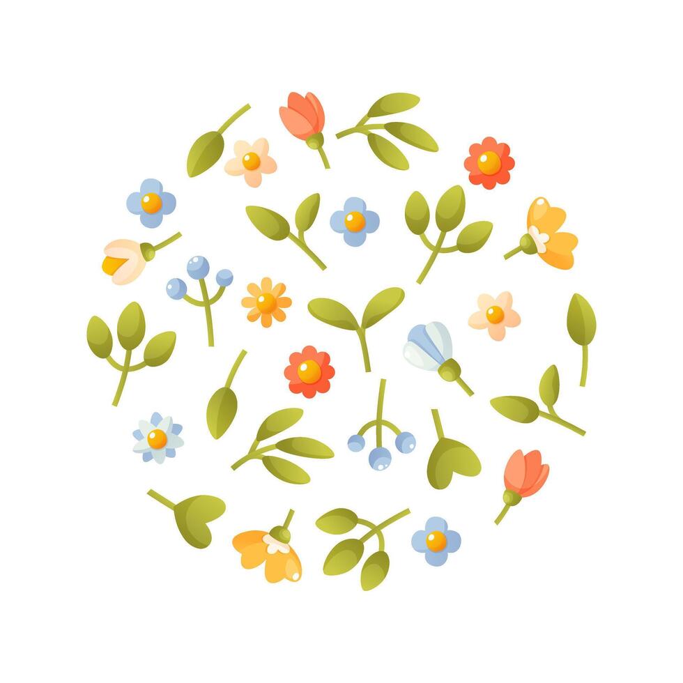 runden Hintergrund von Blumen und Blätter, Blumen- Muster Design Element. Frühling Sommer- Blumen und Grün Blätter im ein Kreis. runden Vorlage zum Frauen, Mädchen, Familie Feiertage, Logos, Etiketten, druckbar. vektor