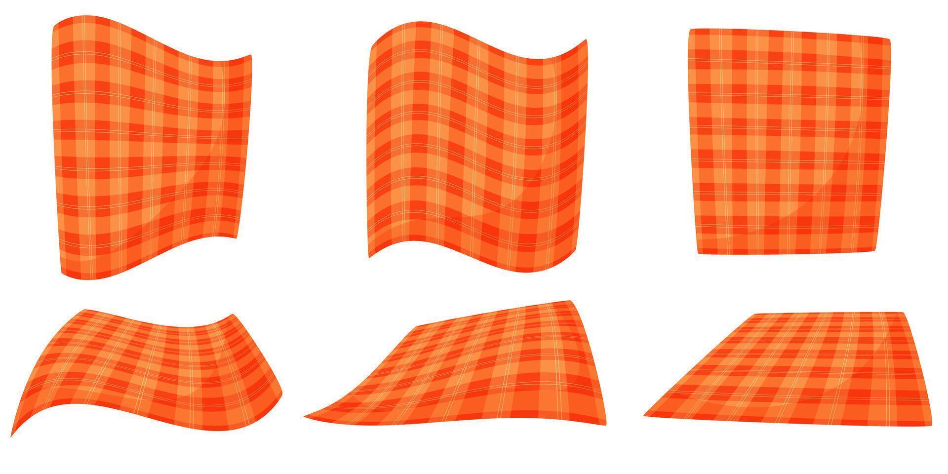 bunt rot klassisch Decke zum ein Picknick, Wandern Reise. Teppich, Plaid, Teppich, Matte, Flugzeug Teppich, Textilien von verschiedene Formen. Vektor Illustration auf Weiß Hintergrund.