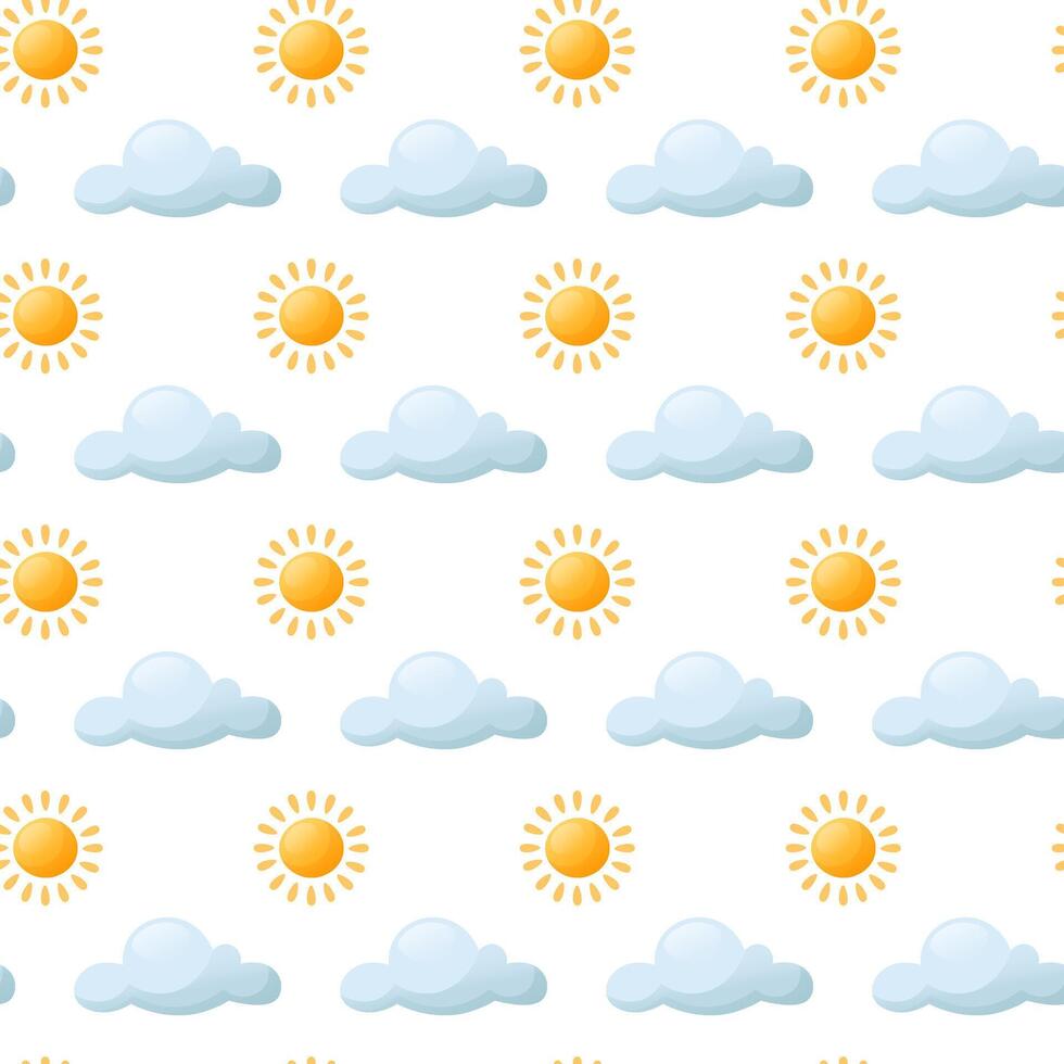 nahtlos Muster Gelb Sonne und Wolken. Gelb Sonne mit ein Blau Wolke. Vektor Illustration von ein nahtlos Muster von Sonnenlicht hinter ein Wolke, zum Sommer- Entwürfe, Karten, Banner, Textilien, Verpackung.