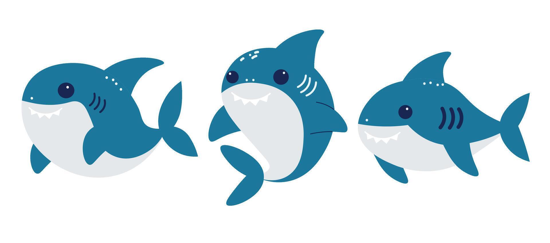 uppsättning av söt tecknad serie hajar. platt vektor illustration.