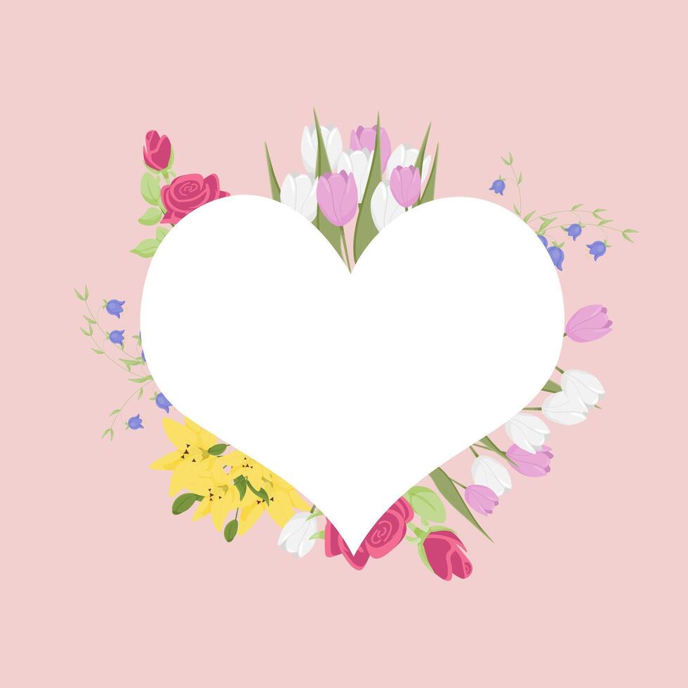 leeren Raum zum Ihre Text. Vektor Illustration. ein leeren Weiß Herz mit Blumen auf ein Rosa Hintergrund. Kopieren Raum