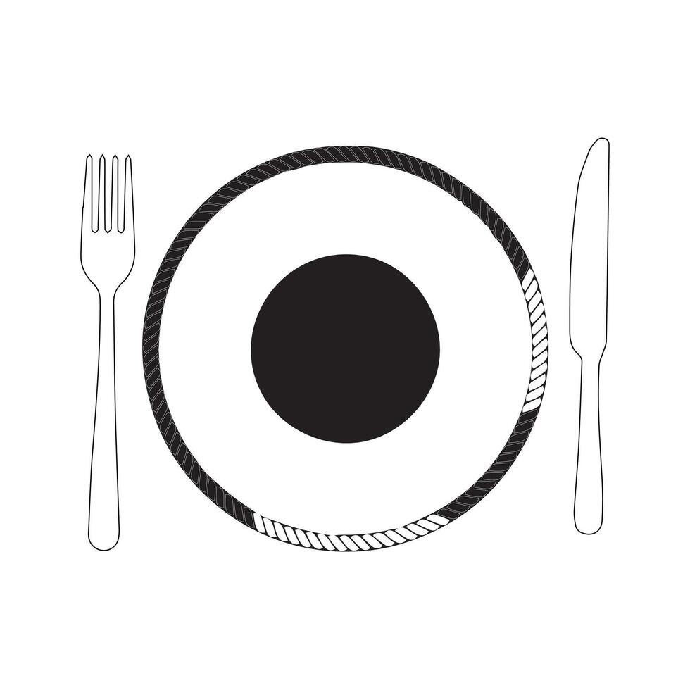 Platte, Gabel und Messer Symbol im eben Stil. Essen Symbol isoliert Teller Symbol. eben Vektor Illustration im schwarz auf Weiß Hintergrund. eps 10