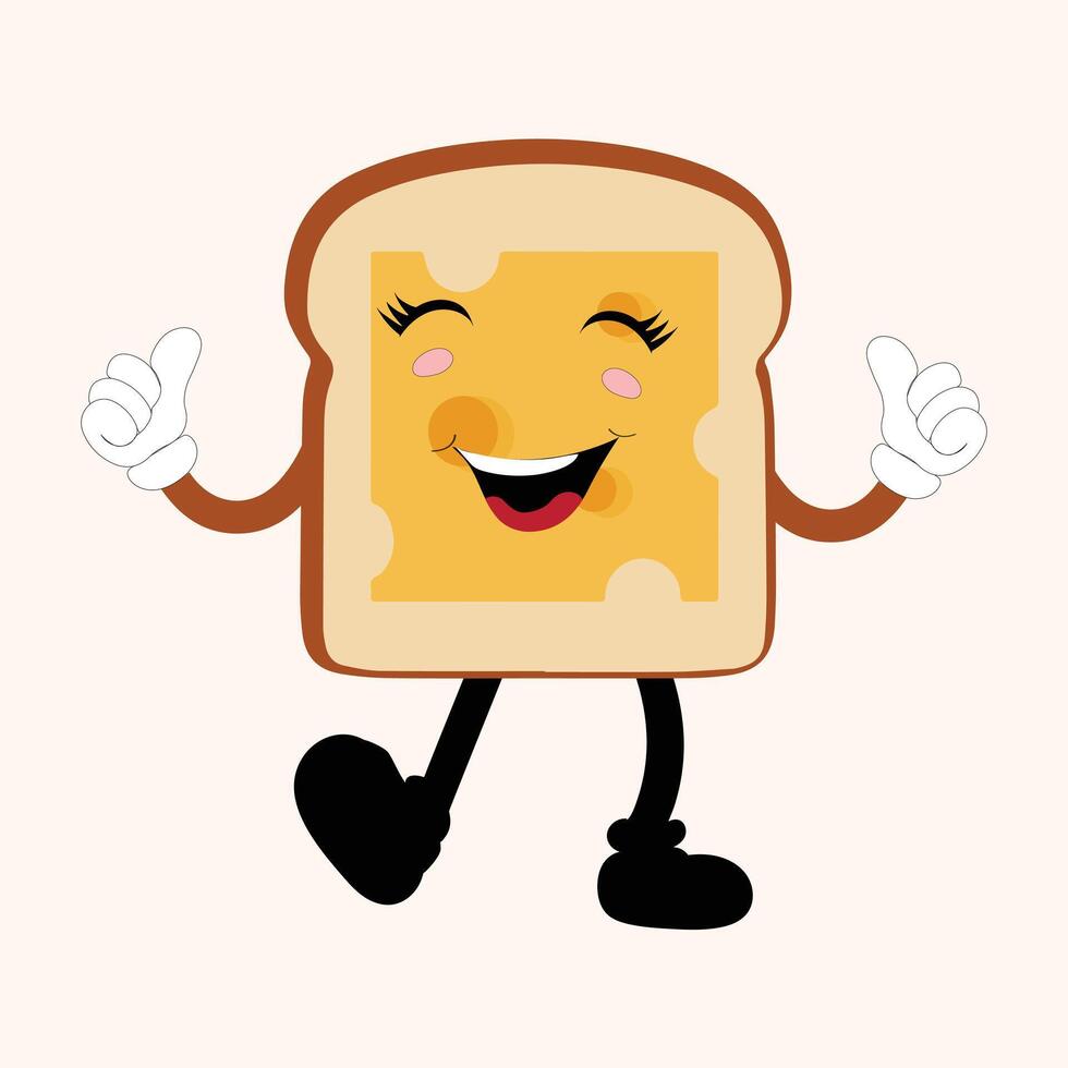 glücklich Brot Scheibe Karikatur Maskottchen Charakter, komisch Sandwich Karikatur Jahrgang Brot Charakter retro Stil Brot Logo Vektor Illustration 60er Jahre 70er Jahre Brot retro Stil