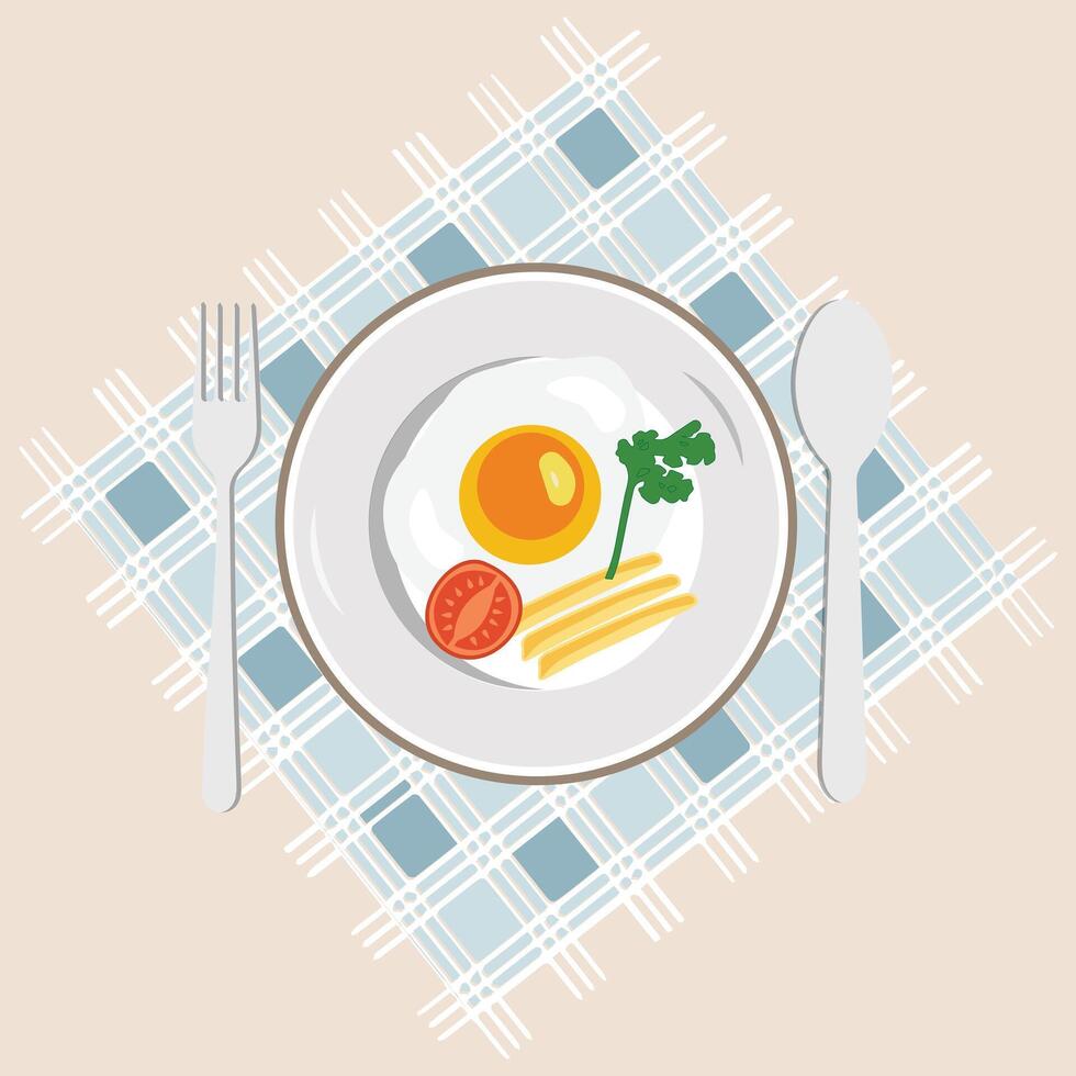 friterad ägg på tallrik från ovan vektor grafik, olika ägg. annorlunda engelsk frukost, vektor illustration i tecknad serie stil. friterad ägg med bacon och grönsaker. eps10