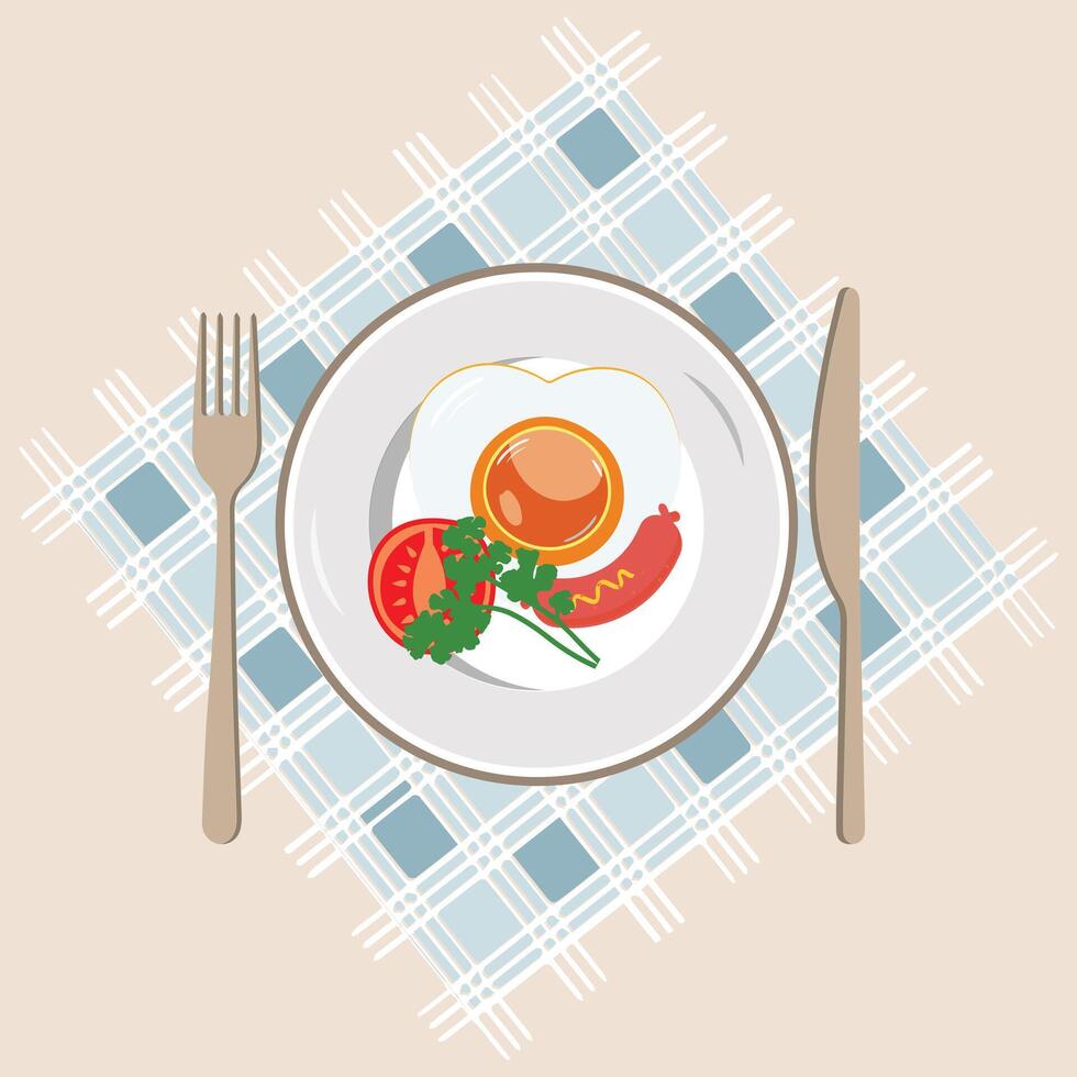 friterad ägg på tallrik från ovan vektor grafik, olika ägg. annorlunda engelsk frukost, vektor illustration i tecknad serie stil. friterad ägg med bacon och grönsaker. eps10