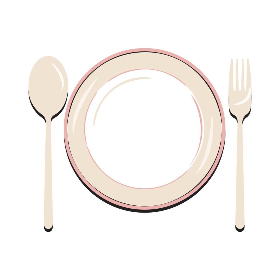 Gericht, leeren Teller mit Messer und Gabel isoliert auf ein Weiß Hintergrund. Teller Kreis Symbol mit lange Schatten. eben Design Stil vektor