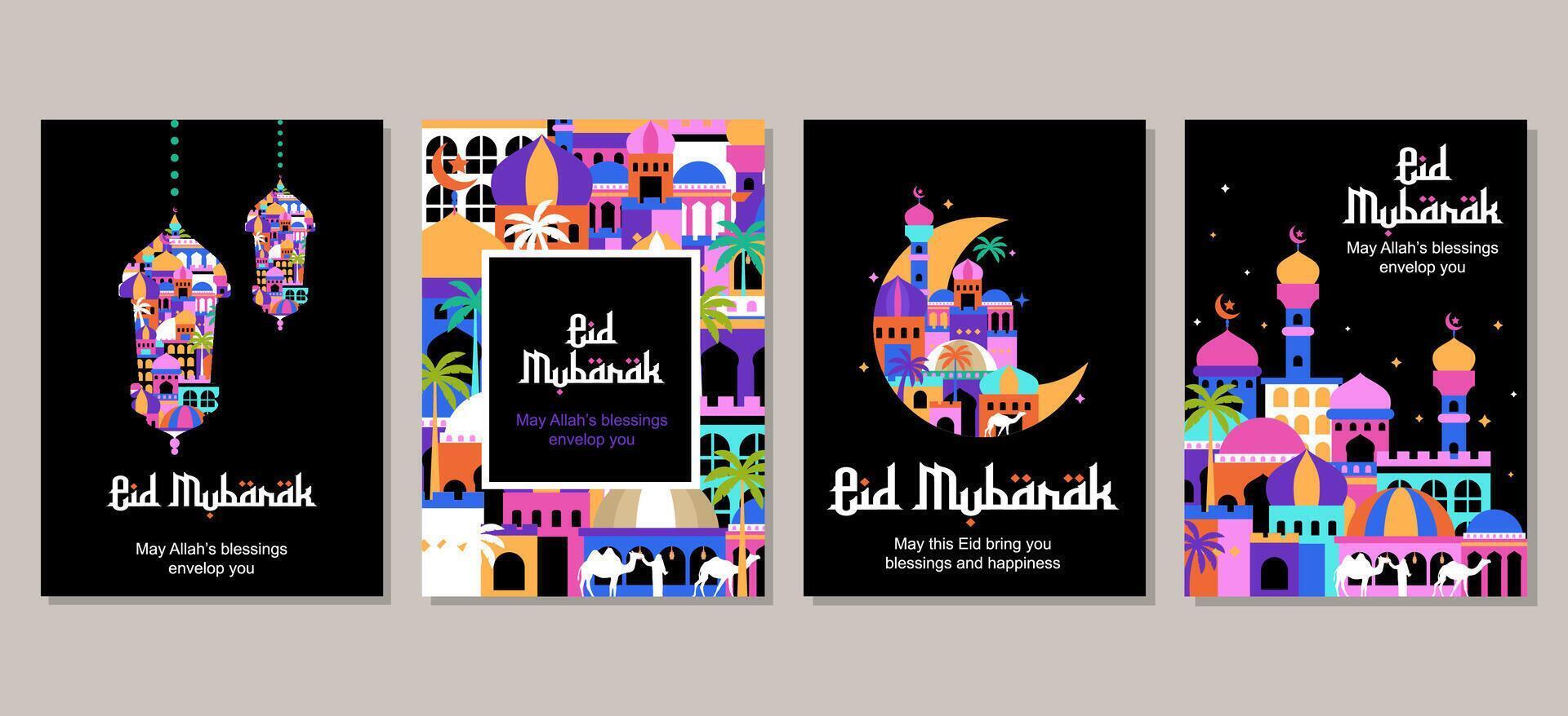 einstellen von eid Mubarak al fitr islamisch Arabisch Moschee die Architektur Illustration zum ein Poster Banner, Startseite Vorlage vektor