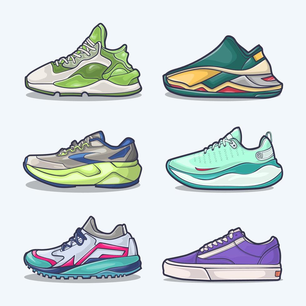 uppsättning samling av sko tecknad serie ikon, vektor begrepp platt design. vektor illustration gymnastikskor i platt stil. vektor gymnastiksko skor sida se.