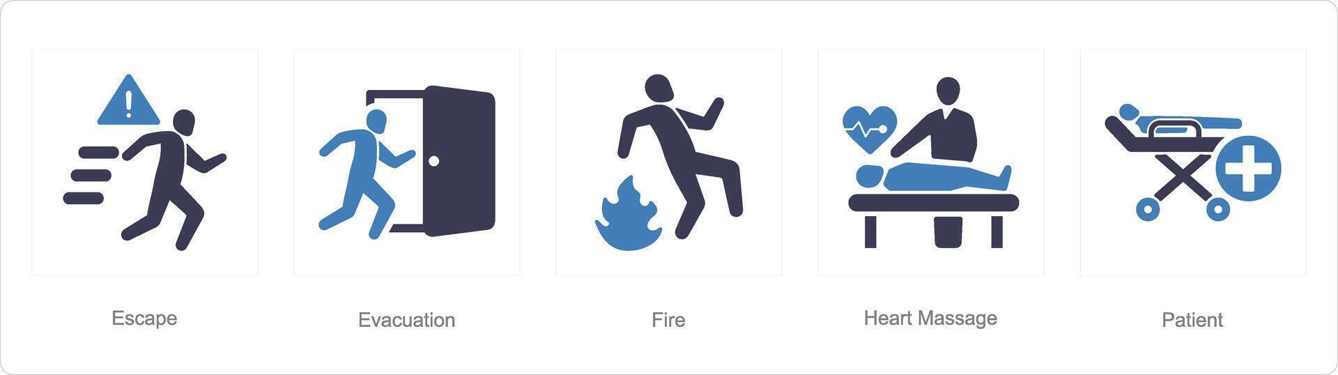 en uppsättning av 5 nödsituation ikoner som fly, evakuering, brand vektor