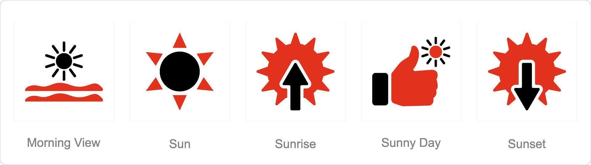 en uppsättning av 5 blanda ikoner som morgon- se, Sol, soluppgång vektor