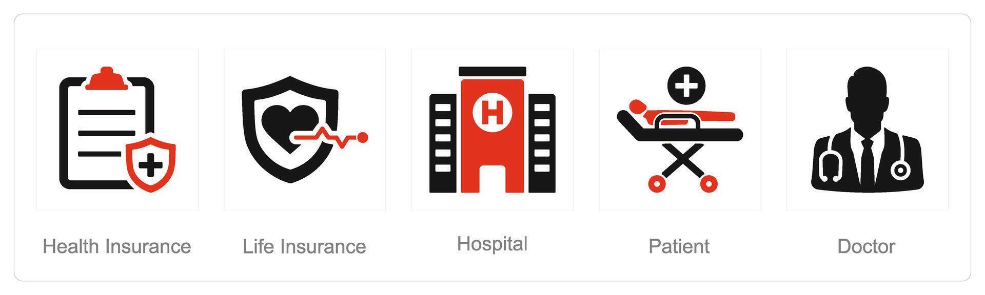 ein einstellen von 5 Gesundheit Untersuchung Symbole wie Gesundheit Versicherung, Leben Versicherung, Krankenhaus vektor