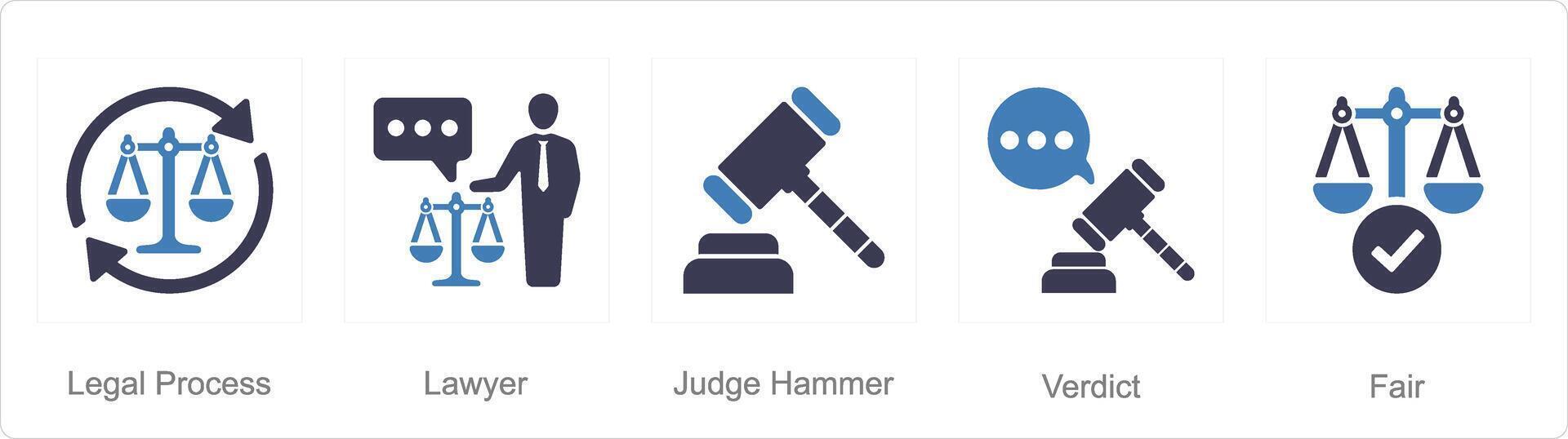 en uppsättning av 5 rättvisa ikoner som Rättslig bearbeta, advokat, bedöma hammare vektor
