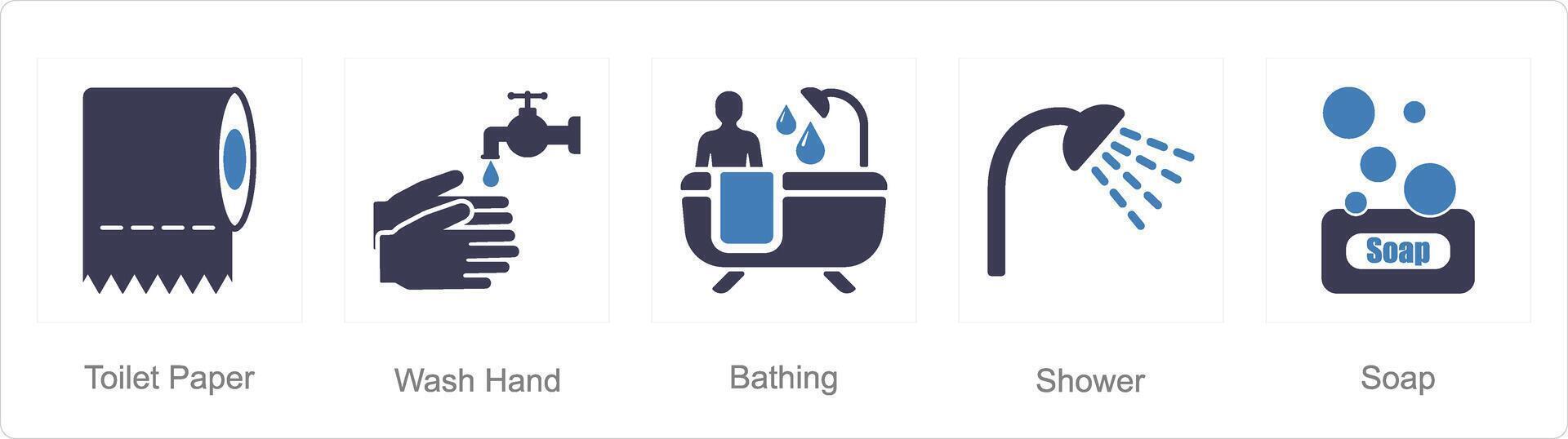 en uppsättning av 5 hygien ikoner som toalett papper, tvätta hand, badning vektor