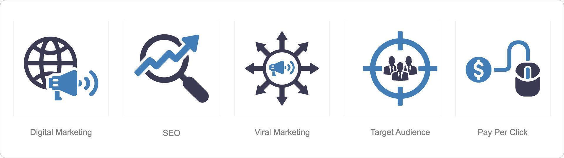 ein einstellen von 5 Digital Marketing Symbole wie Digital Marketing, seo, viral Marketing vektor