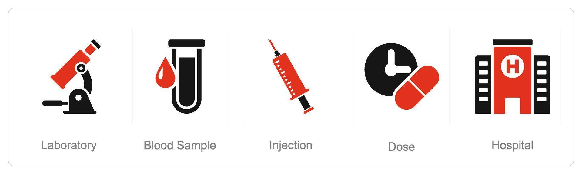 en uppsättning av 5 hälsa kolla upp ikoner som laboratorium, blod prov, injektion vektor