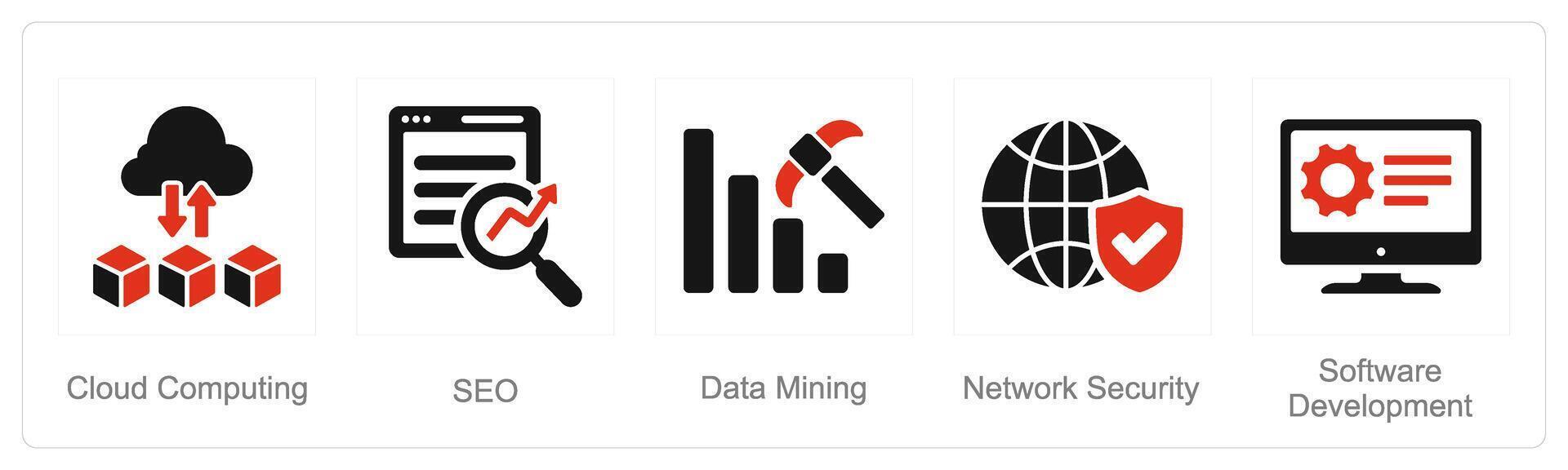 en uppsättning av 5 hård Kompetens ikoner som moln datoranvändning, seo, data brytning vektor