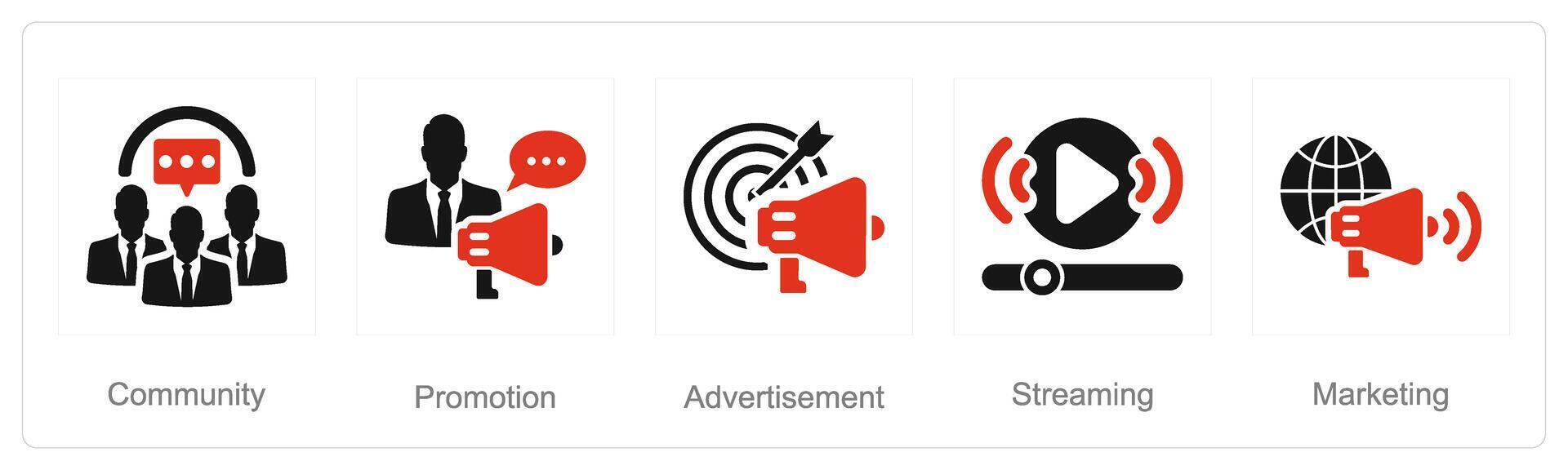 en uppsättning av 5 influencer ikoner som gemenskap, befordran, annons vektor
