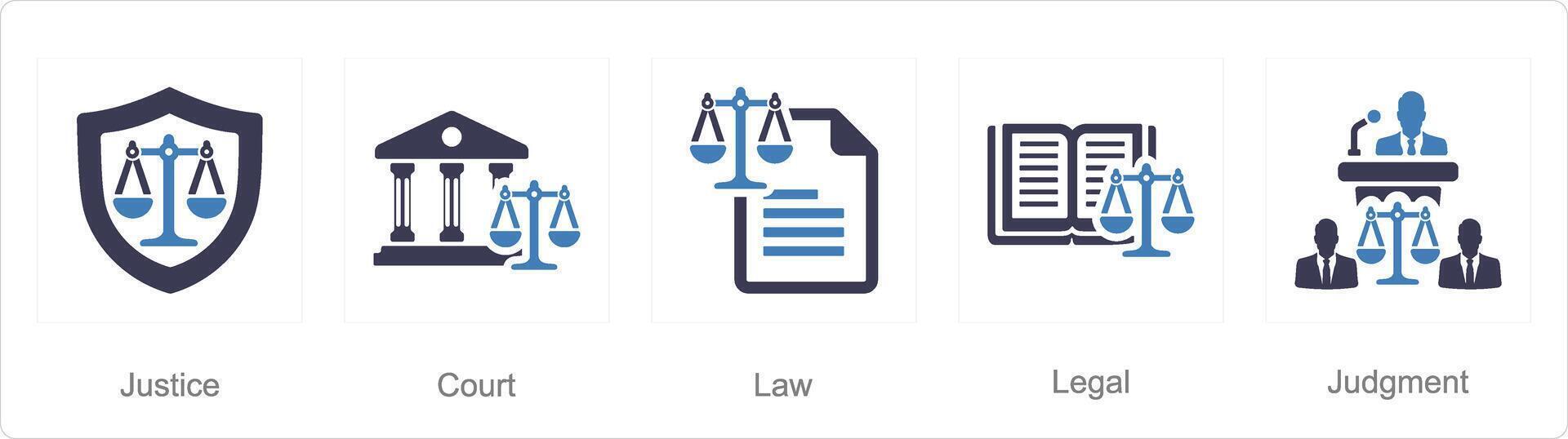 en uppsättning av 5 rättvisa ikoner som rättvisa, domstol, lag vektor