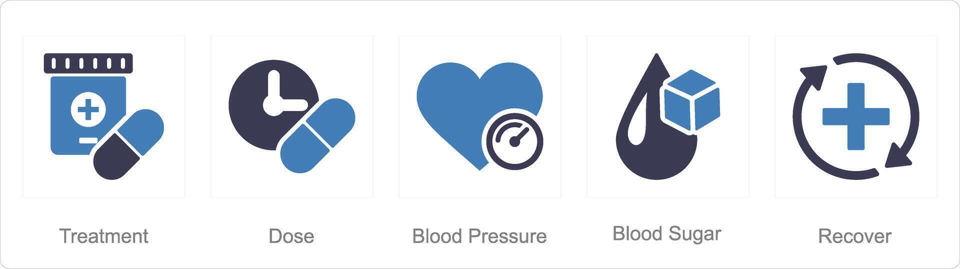 en uppsättning av 5 hälsa kolla upp ikoner som behandling, dos, blod tryck vektor