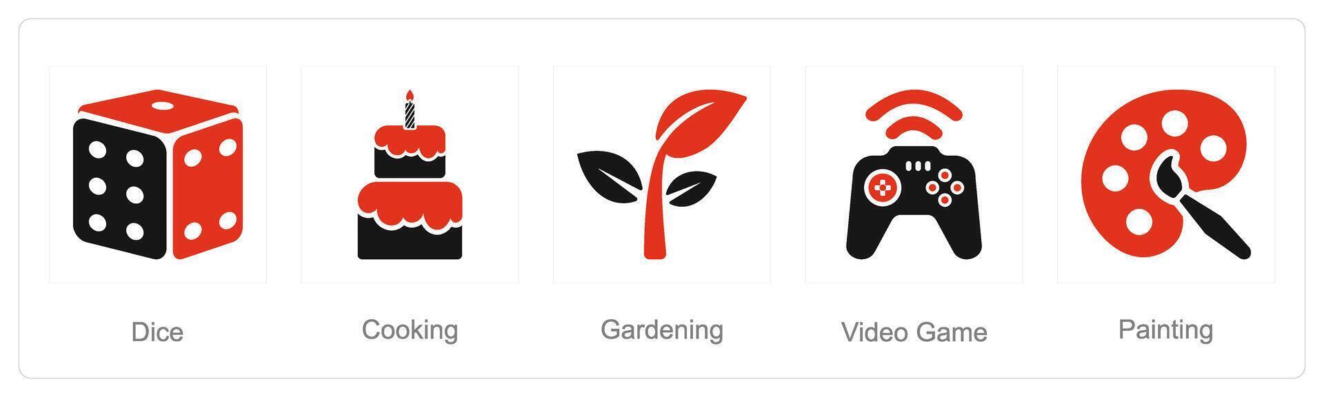 en uppsättning av 5 hobby ikoner som tärningar, matlagning, video spel vektor