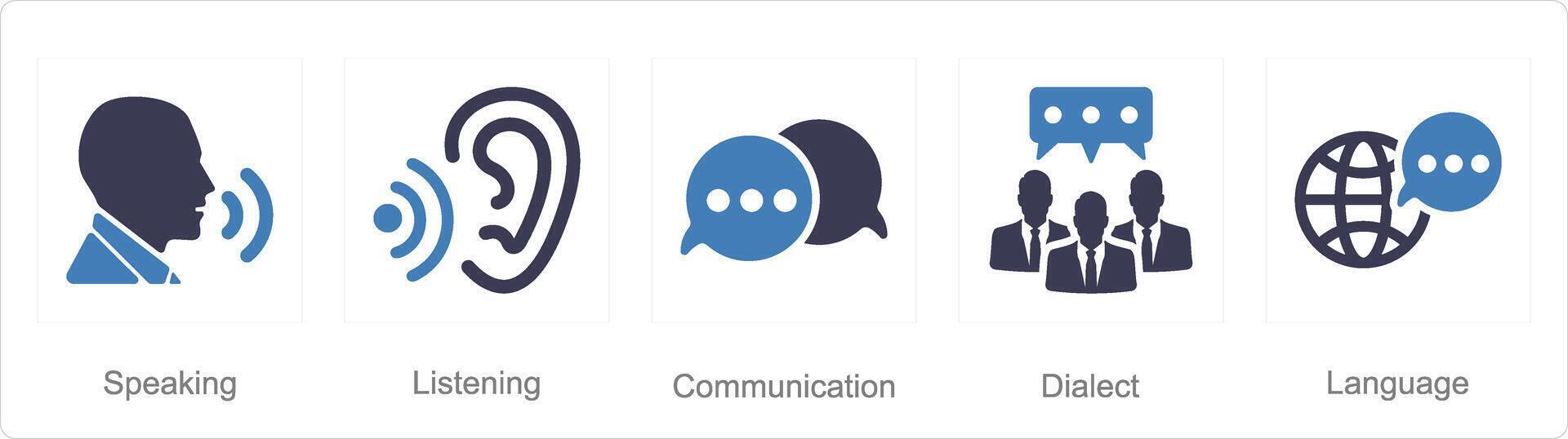 en uppsättning av 5 språk ikoner som tala, lyssnande, kommunikation vektor