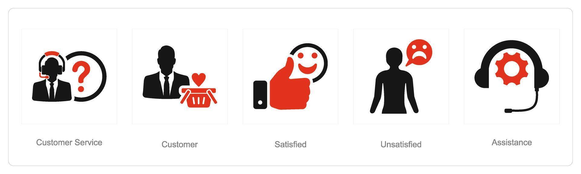 ein einstellen von 5 Kunde Bedienung Symbole wie Kunde Service, Kunde, zufrieden vektor