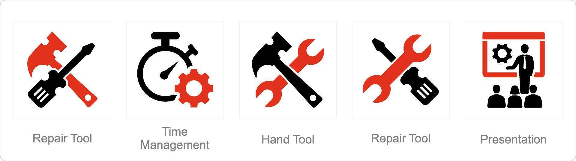 en uppsättning av 5 blanda ikoner som reparera verktyg, tid förvaltning, hand verktyg vektor