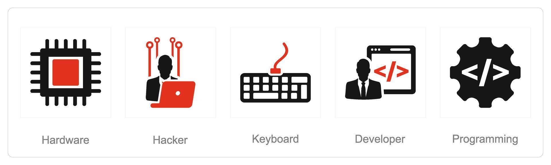 en uppsättning av 5 internet dator ikoner som hacker, tangentbord, utvecklare vektor