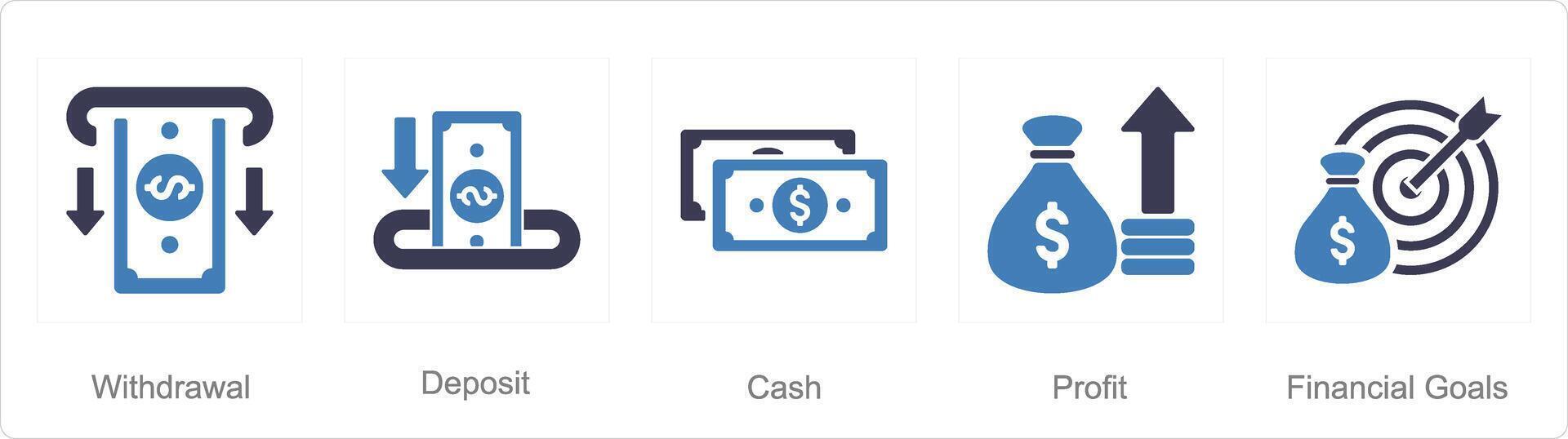 en uppsättning av 5 finansiera ikoner som uttag, deposition, kontanter vektor