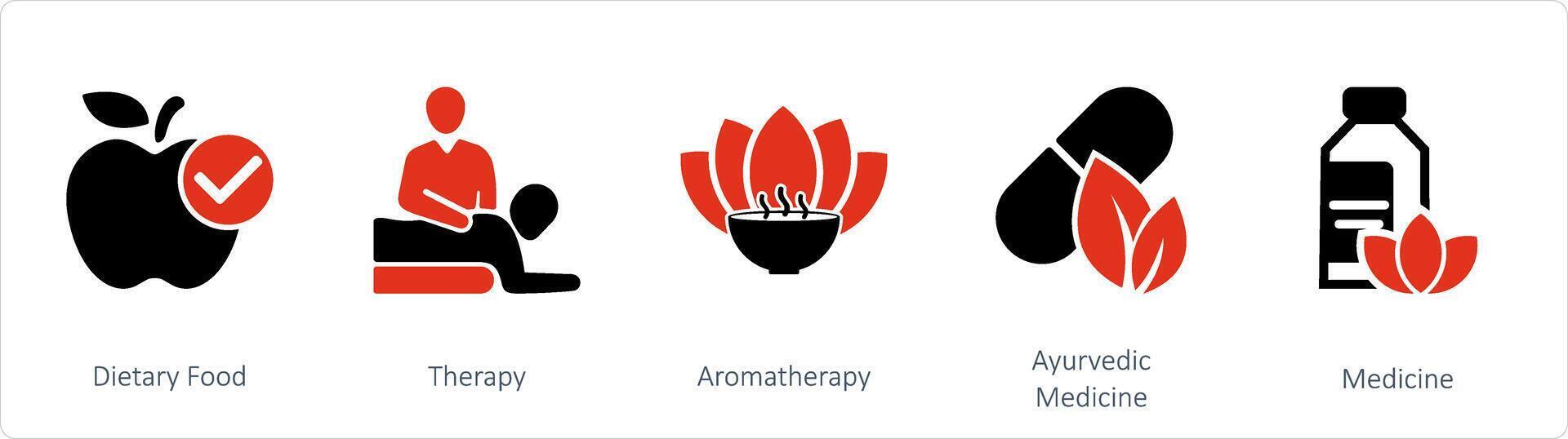 en uppsättning av 5 blanda ikoner som medicin, ayurvediska medicin, aromaterapi vektor