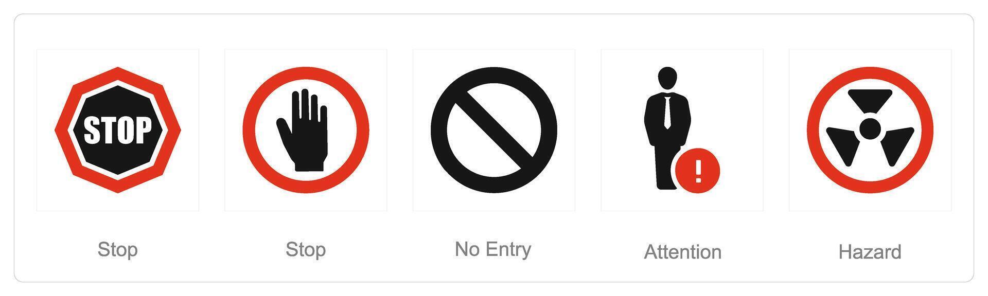 ein einstellen von 5 Gefahr Achtung Symbole wie stoppen, Nein Eintrag, Beachtung vektor